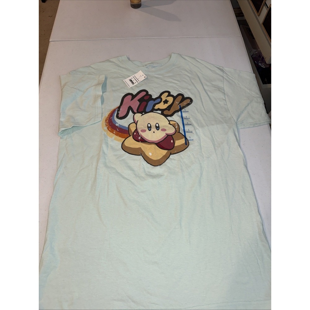 Kirby Official Adult T-Shirt -  Blue -‎ Size Large Aqua New NWT Soft Star Tee